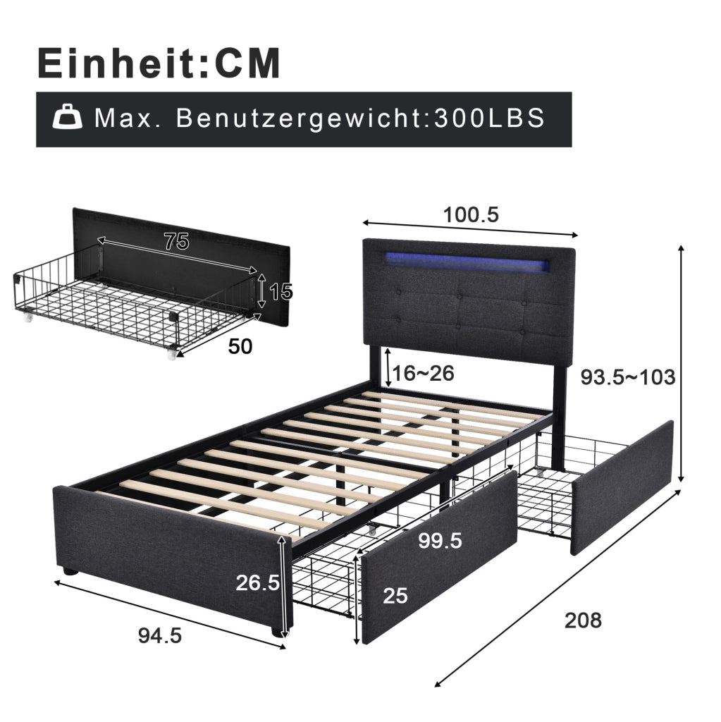 Letto singolo imbottito 90x200 cm con LED e 2 cassetti