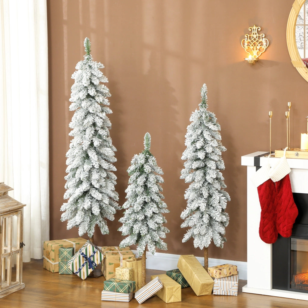 Set 3 Alberi di Natale Artificiali Innevati con Base in Metallo Ignifughi Plastica Bianco e Verde per Casa