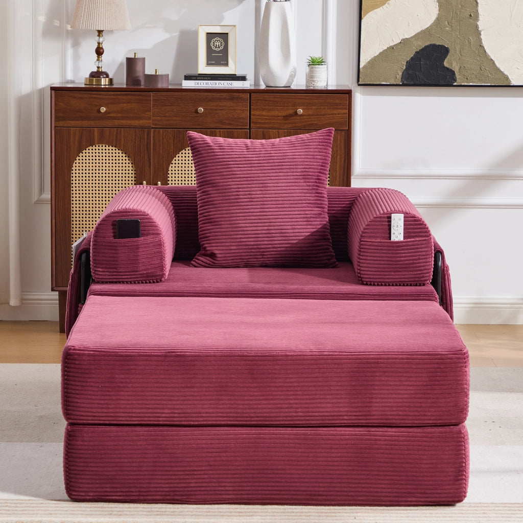 Poltrona modulare con poggiapiedi 112x190x67 cm; tasca laterale e cuscino; velluto a coste rosso vino