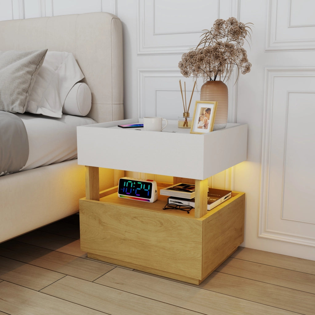 Comodino, 2 cassetti, tavolino a due ripiani, luce a LED, bianco e color legno naturale