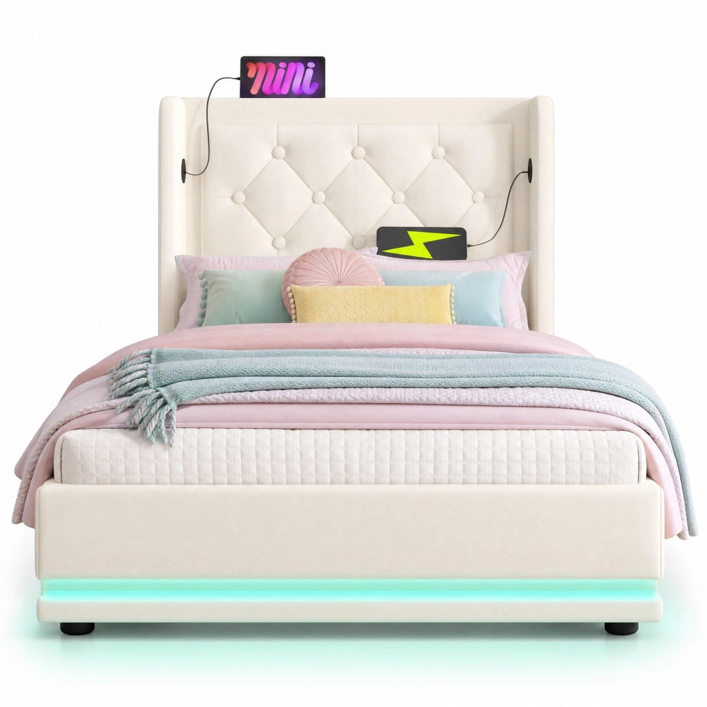 Letto contenitore 90 × 200 cm in PU bianco con LED; USB e Type-C