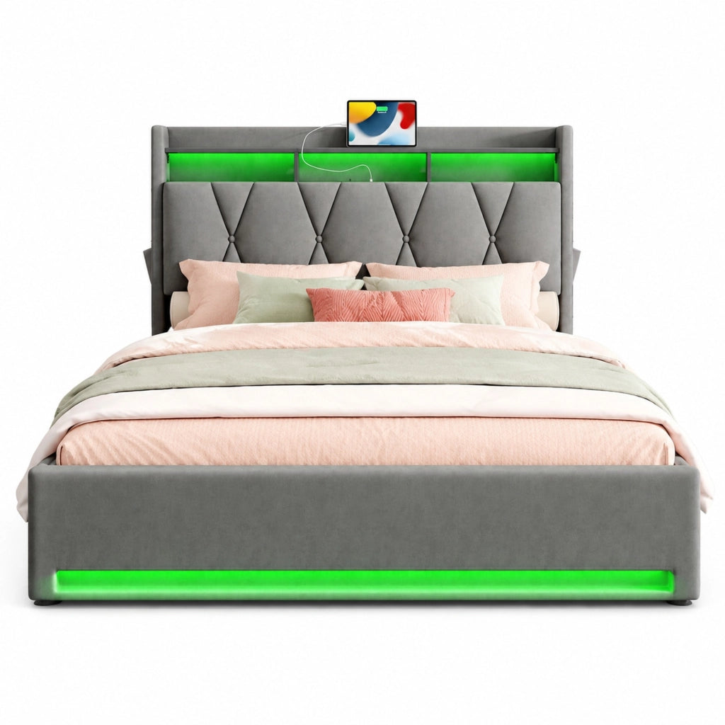 Letto imbottito 140 × 200 cm con contenitore; testiera con ripiano e LED; USB e Type-C; velluto grigio scuro