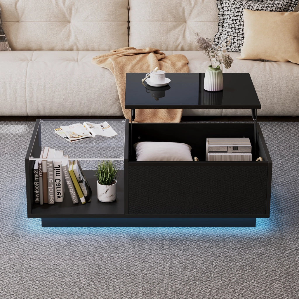 Tavolino da Caffè Alzabile con LED; Vano Nascosto e 2 Cassetti per Soggiorno in Truciolare Nero 100×50×33 cm