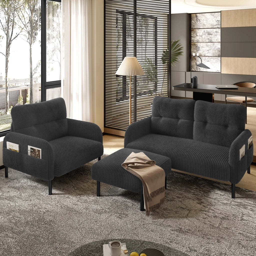 Set divano 2 posti; poltrona e pouf in velluto a coste; grigio