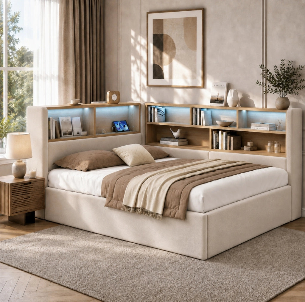 Letto imbottito con contenitore idraulico; LED; USB e Type-C; velluto beige