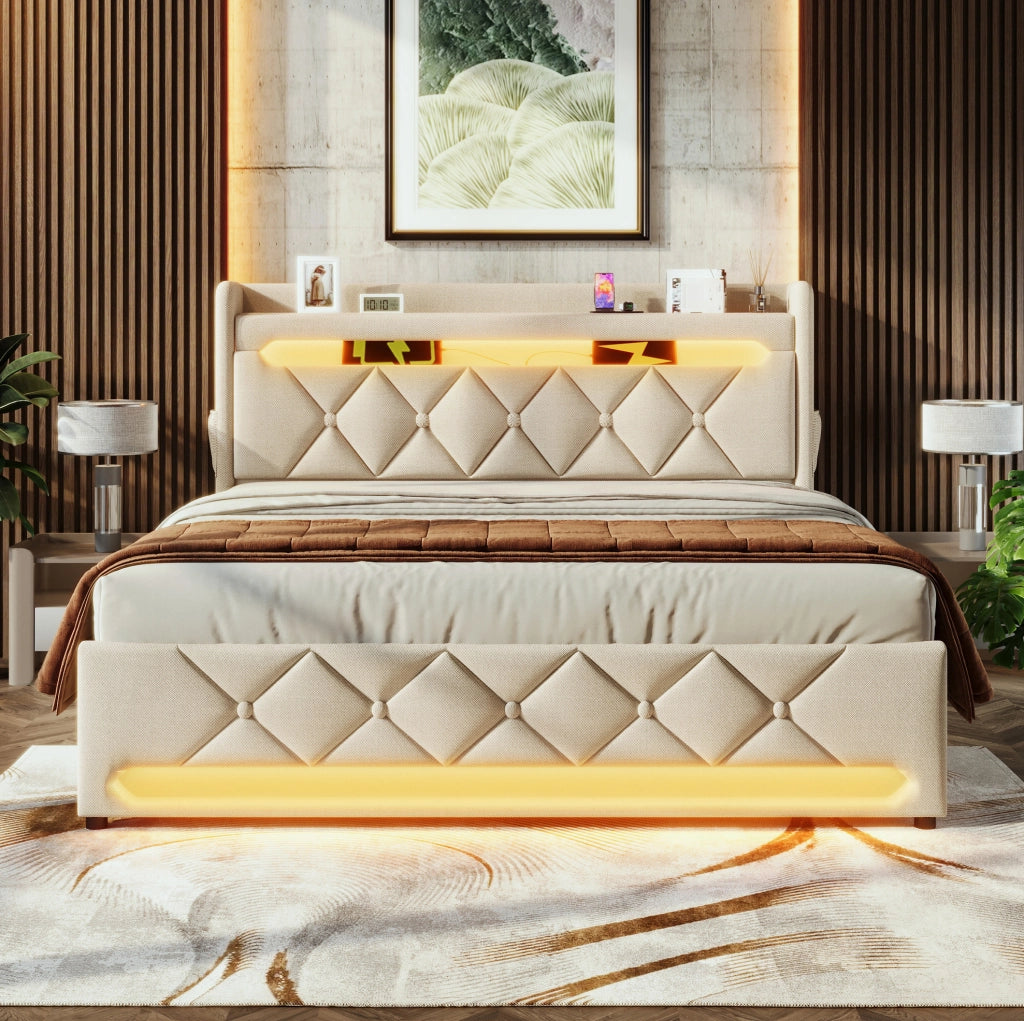 Letto contenitore 180 × 200 cm con LED; USB e Type-C; lino beige