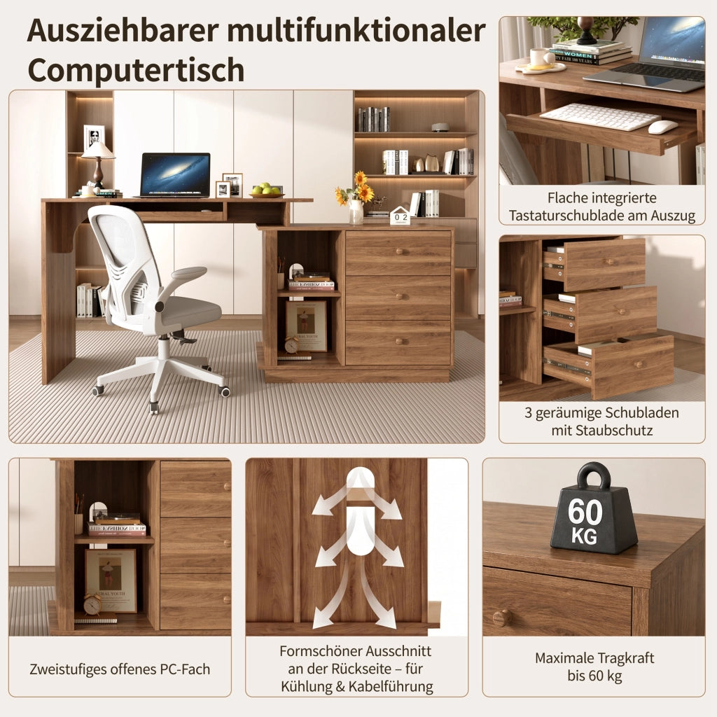 Scrivania Computer per Ufficio e Studio ¨C Minimal ¨C Legno Multistrato con 3 Cassetti e Ripiani