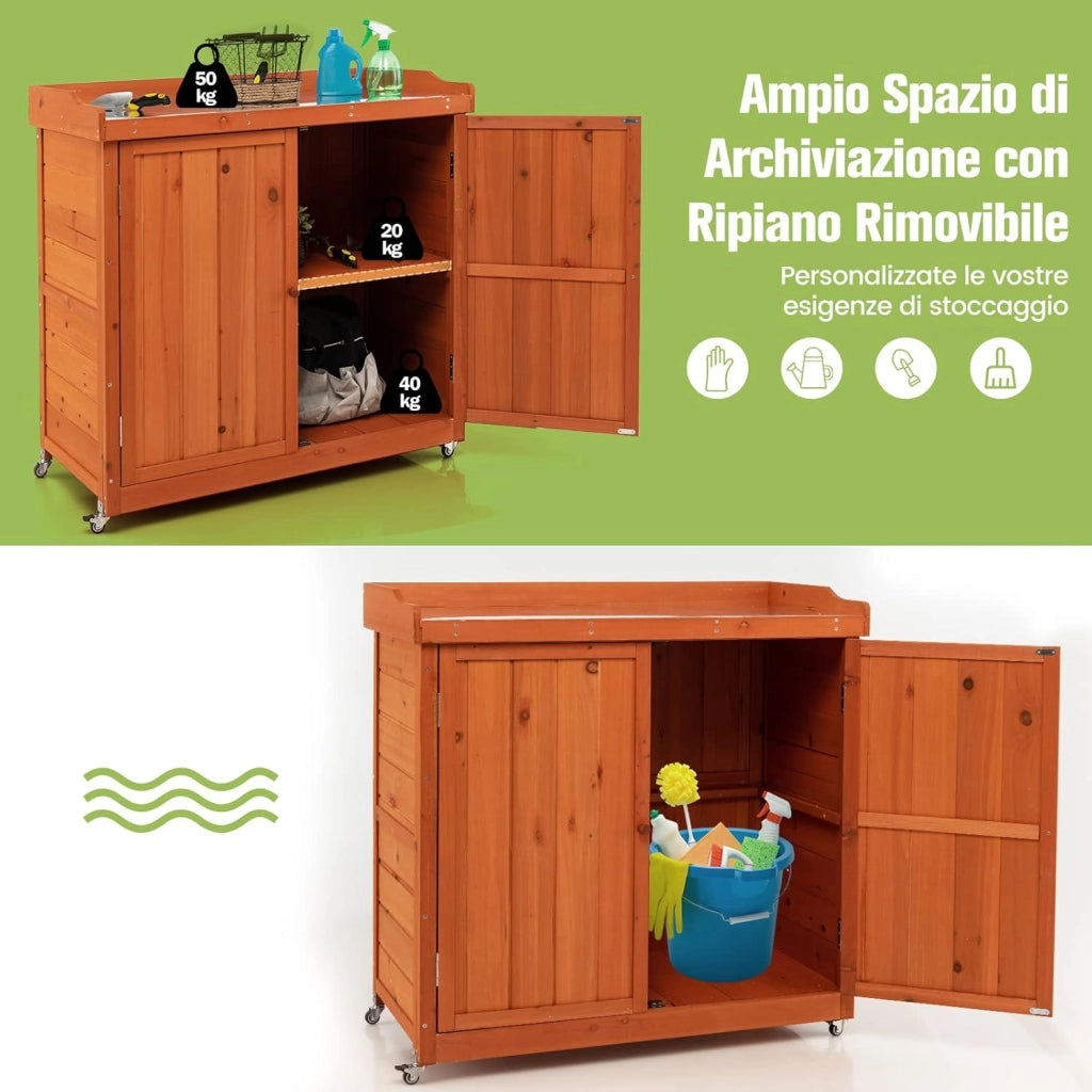 Armadio da Esterno in Legno, Casetta da Giardino con Ripiano Rimovibile e 4 Ruote Universali, Capanno Porta Attrezzi da Esterno e da Interno, 98,5 x 48 x 100 cm
