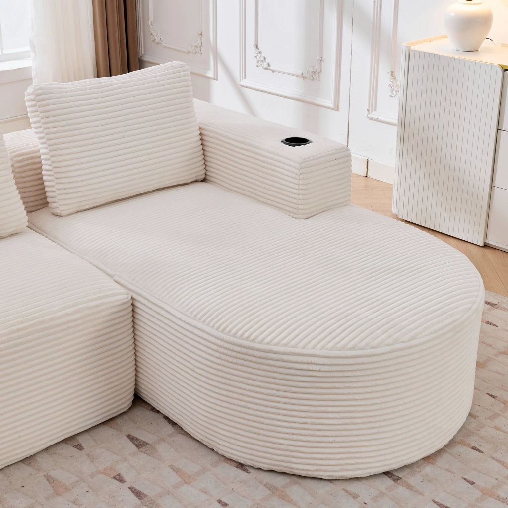Divano 2 posti beige in velluto a coste 265 cm con portabicchieri e cuscini