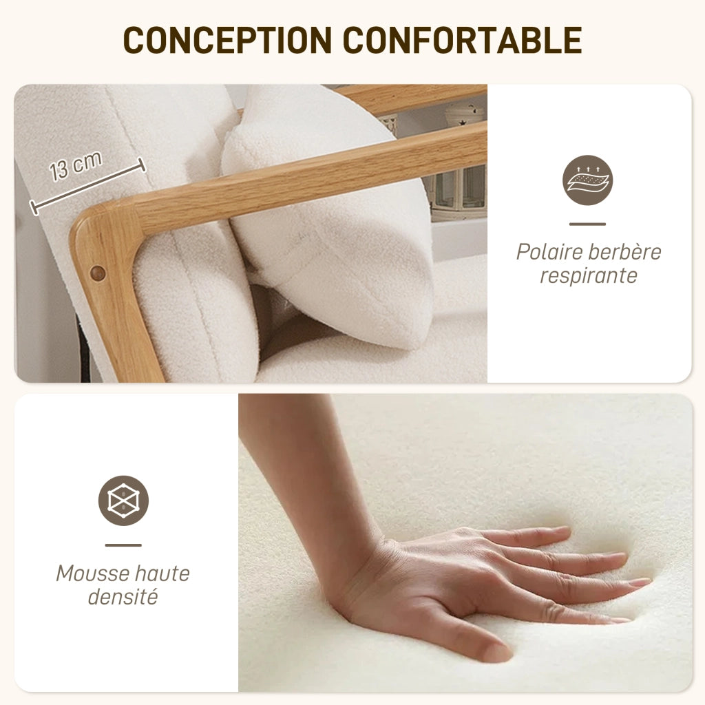 Poltrona a dondolo con poggiapiedi in tessuto bouclé bianco, sedia a dondolo con gambe in legno, 64,5 x 82 x 89 cm, per casa e relax