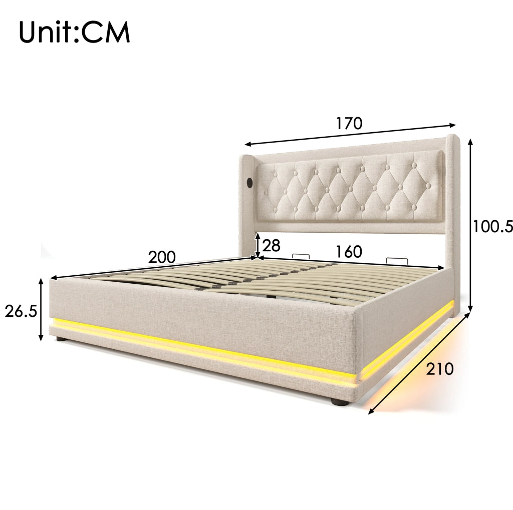Letto matrimoniale con contenitore 160x200 cm in cotone beige; testiera con USB e Type-C; LED