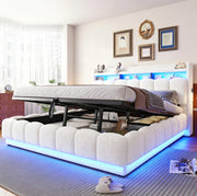 Letto imbottito 180x200 cm con contenitore idraulico, rivestimento in lana d'agnello bianco, luci LED integrate e porte USB, struttura in metallo
