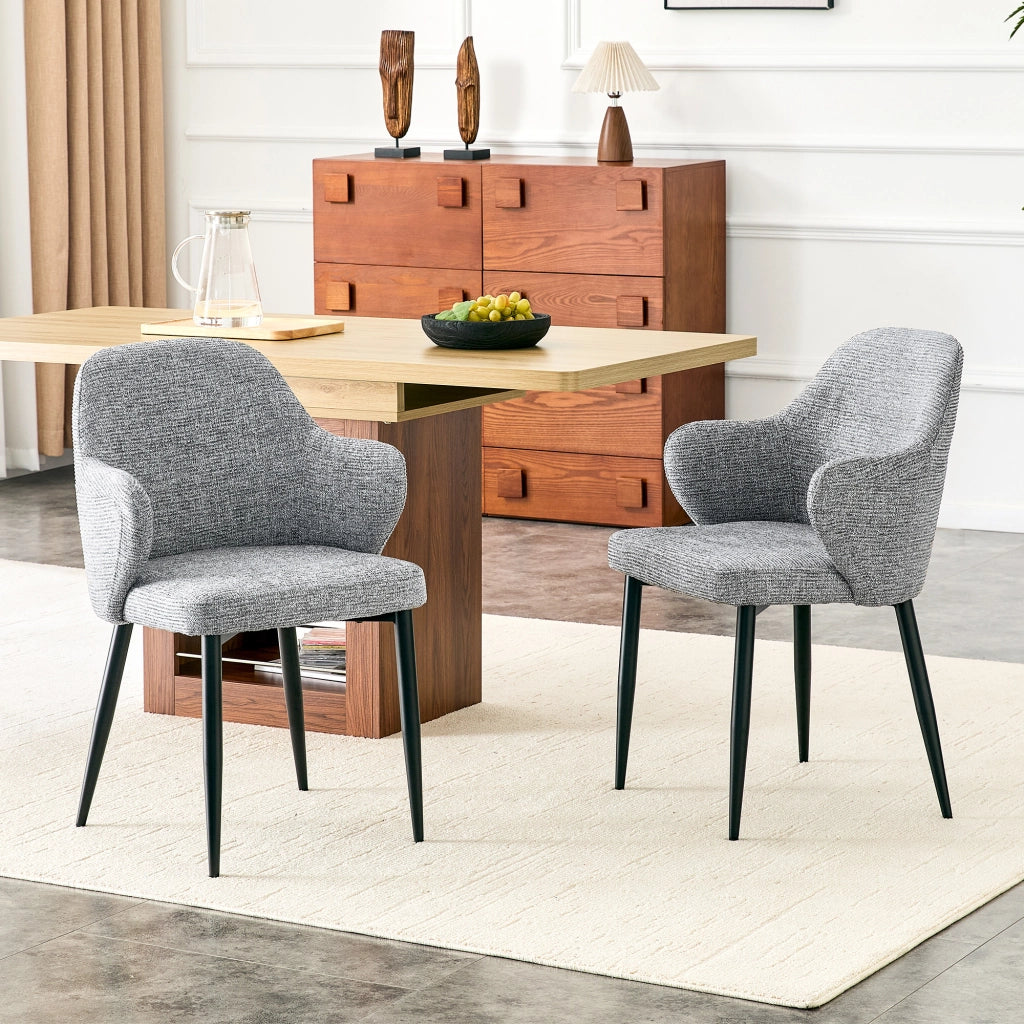Set di 2 sedie da pranzo grigie in tessuto con schienale avvolgente, gambe in metallo a croce, altezza 83 cm, design moderno per casa