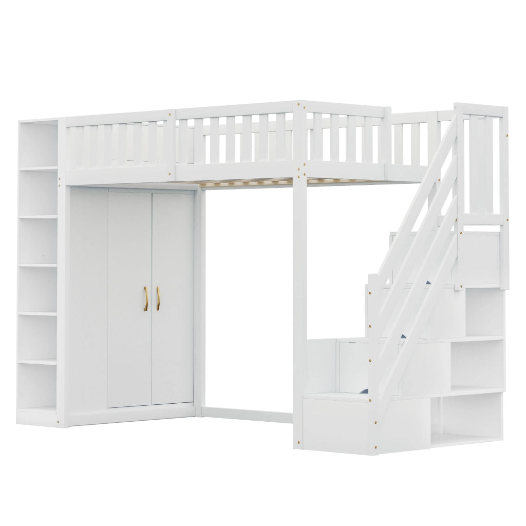 Letto a soppalco 90x200 cm con guardaroba; ripiani e scala con cassetti