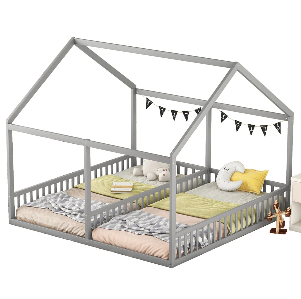 Letto 2 in 1 a casetta 90x200 cm grigio, con sponde di sicurezza