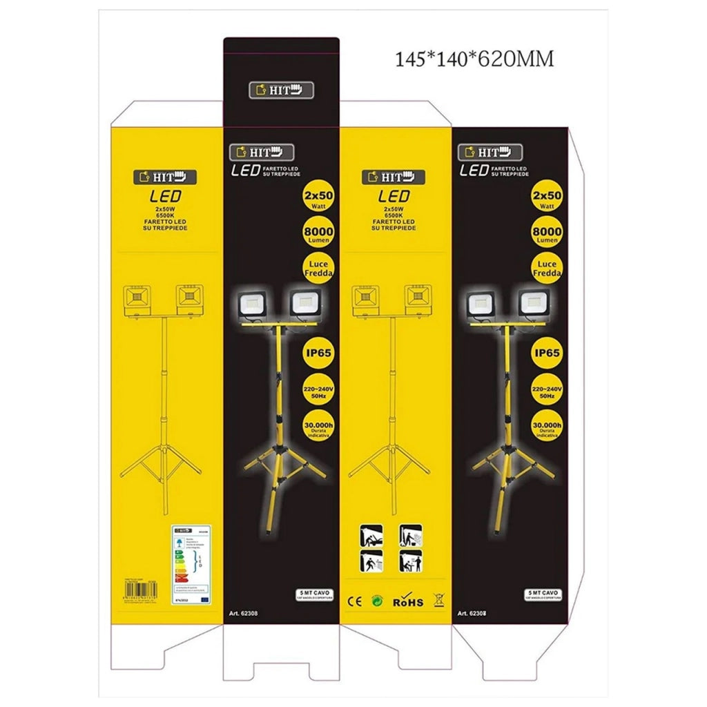 Proiettore LED Slim 2x50W IP44 con Treppiede Telescopico – Faro da Lavoro