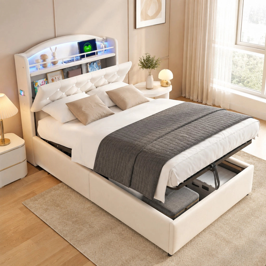 Letto imbottito per bambini 90x200 cm in velluto beige con LED, USB e vano contenitore