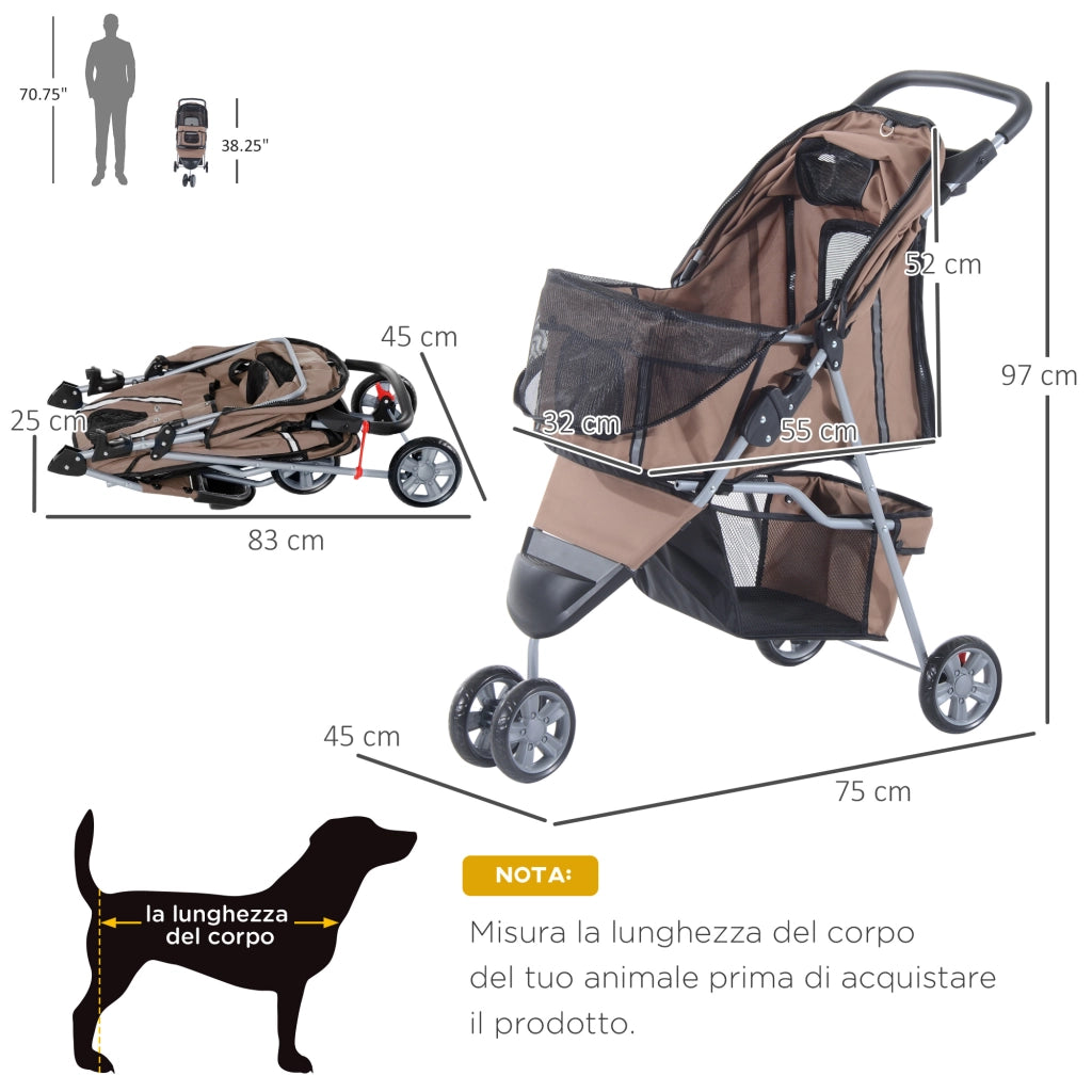 EasyComfort Passeggino per Cani Piccoli Pieghevole, Carrozzina per Cani con Ruote con Freni, Portabicchieri, Cestino Portaoggetti e Imbottitura Rimovibile e Lavabile, per Animali Domestici 10 kg, Caffè