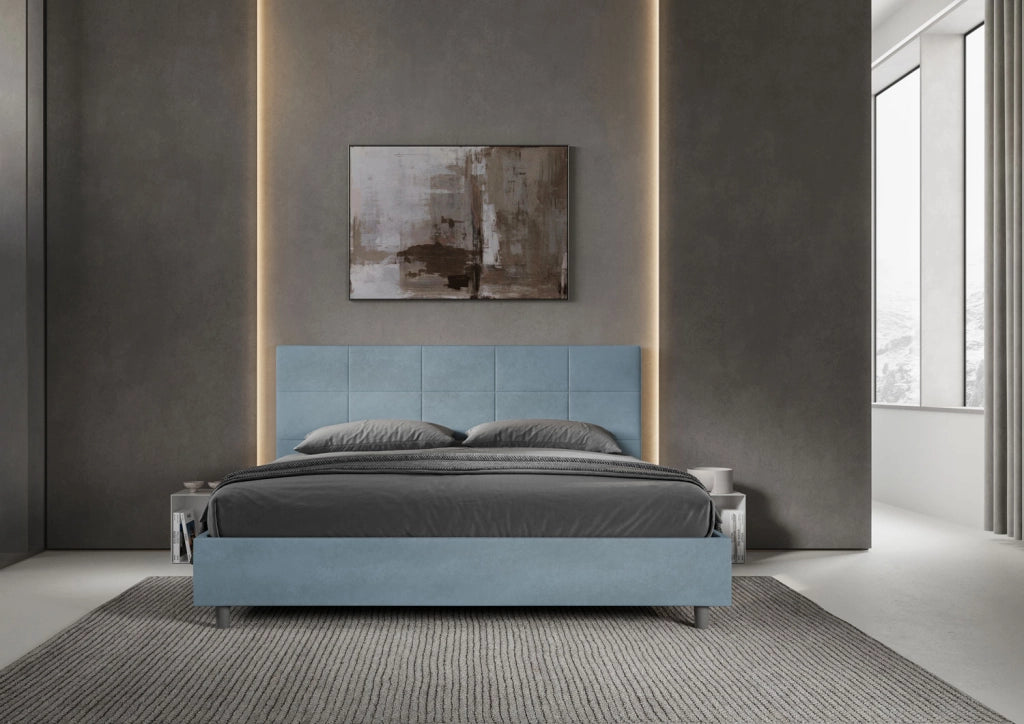 BS COM Letto matrimoniale king size con rete imbottito 190x210 microfibra azzurro