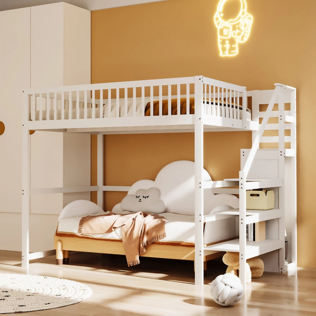 Letto a soppalco 140x200 cm con scala, letto per bambini in legno con mensola contenitore e armadio semplice - Bianco