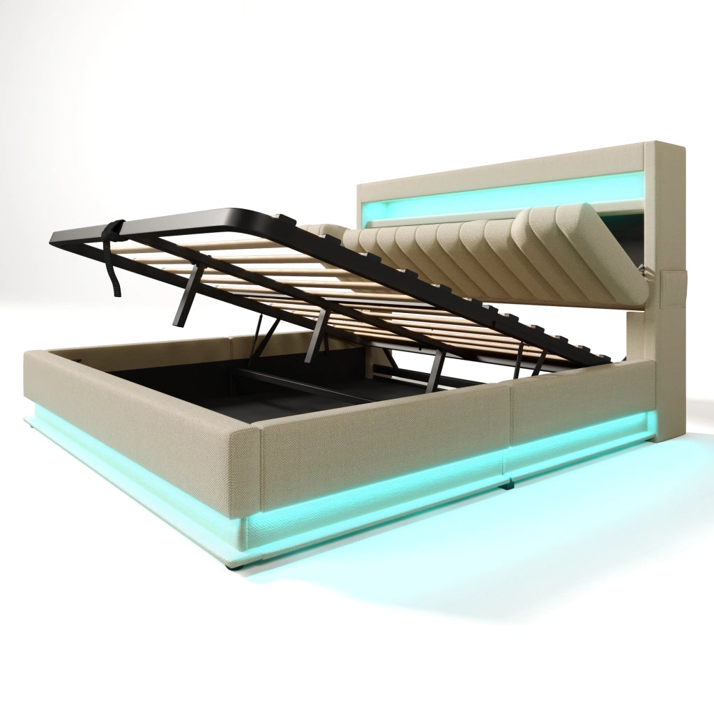 Letto matrimoniale imbottito; 160x200cm; con testiera di riporto; USB C e LED; beige