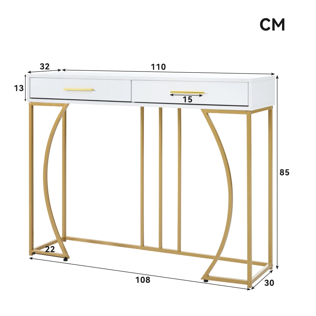 Tavolo consolle da ingresso con cassetto, struttura in metallo, piano in MDF, bianco, 60 kg, 110x32x85 cm