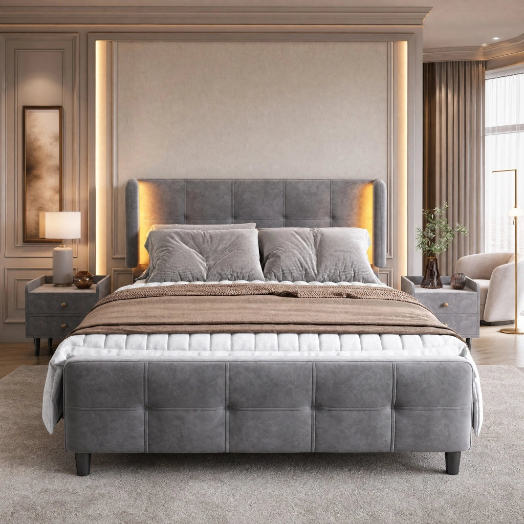 Letto matrimoniale imbottito in velluto con LED a 16 colori e testiera regolabile