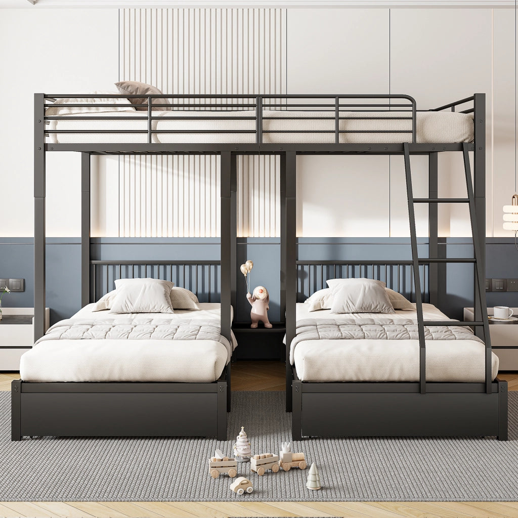 Letto a castello 4 posti 140 × 200 cm e due 90 × 200 cm, 2 cassetti, divisibile, senza materasso, metallo nero