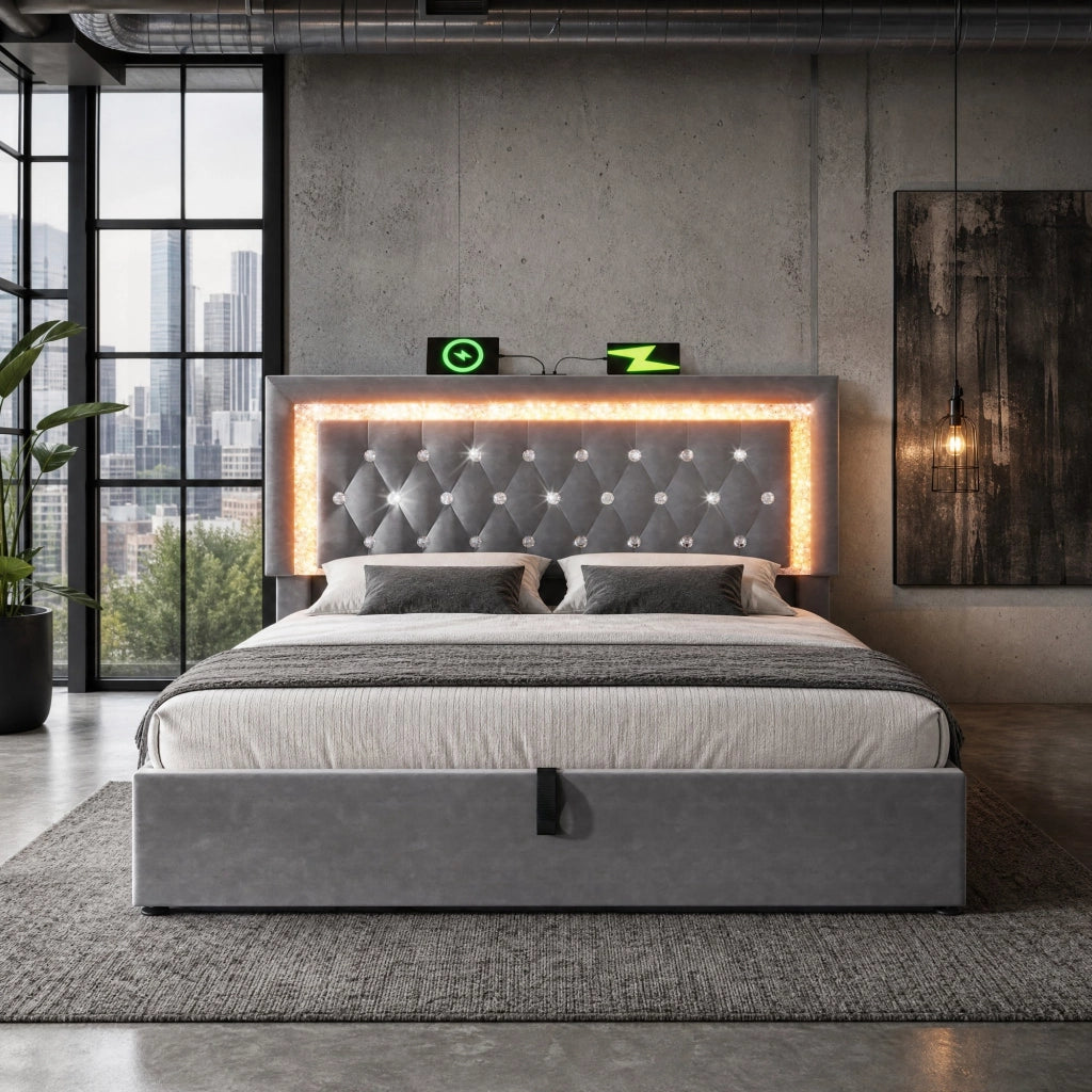 Letto contenitore 160 × 200 cm con LED; USB e USB-C; testiera regolabile; velluto grigio