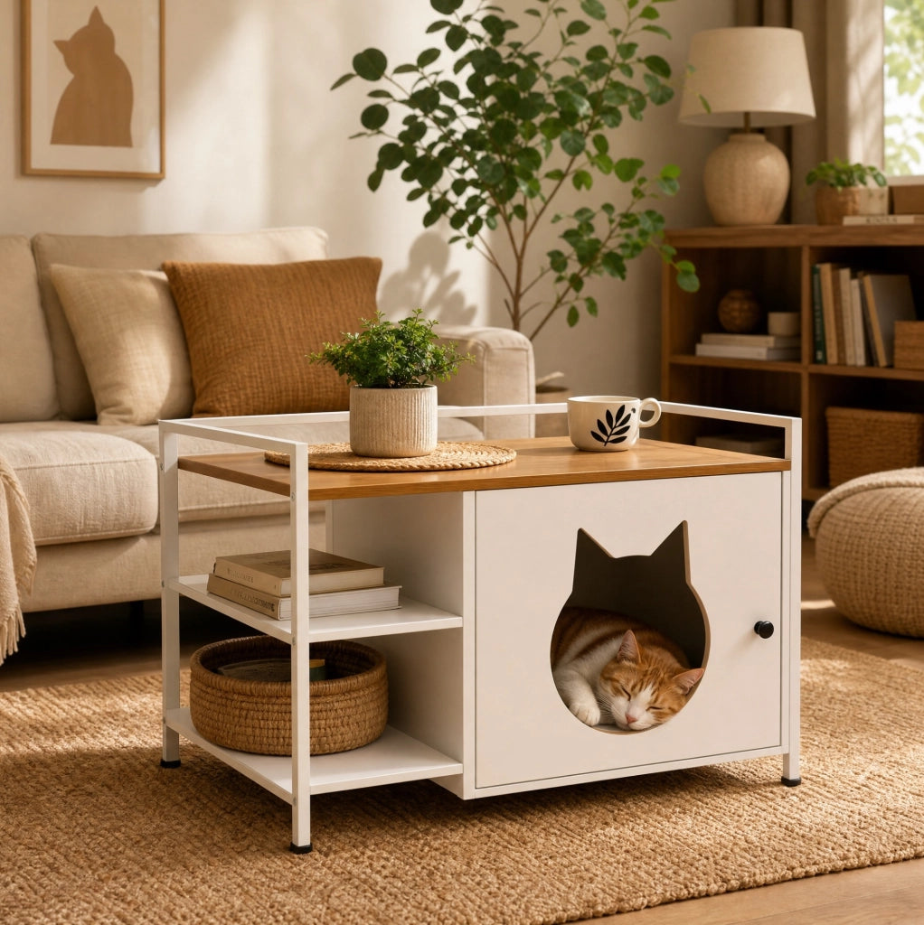 Mobile per gatti con 2 ripiani aperti in MDF e metallo bianco e rovere chiaro