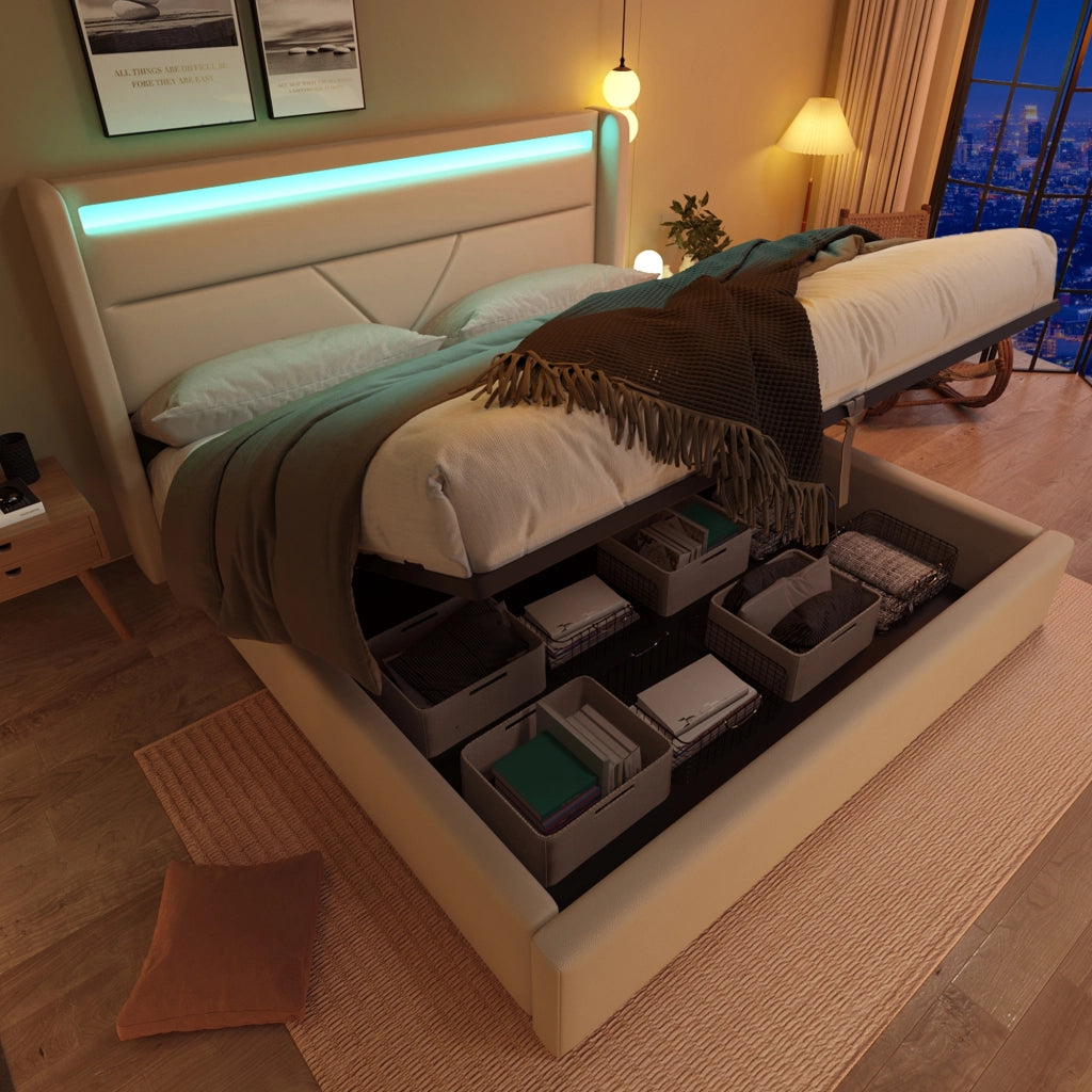 Letto contenitore 160x200 con testiera LED bianca