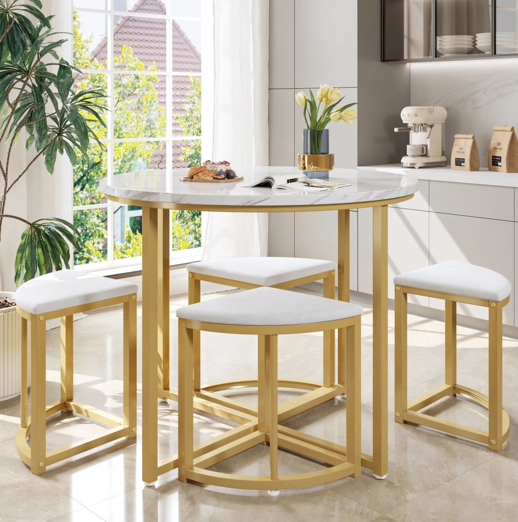 Set tavolo da pranzo rotondo 80 cm con 4 sedie bianco oro