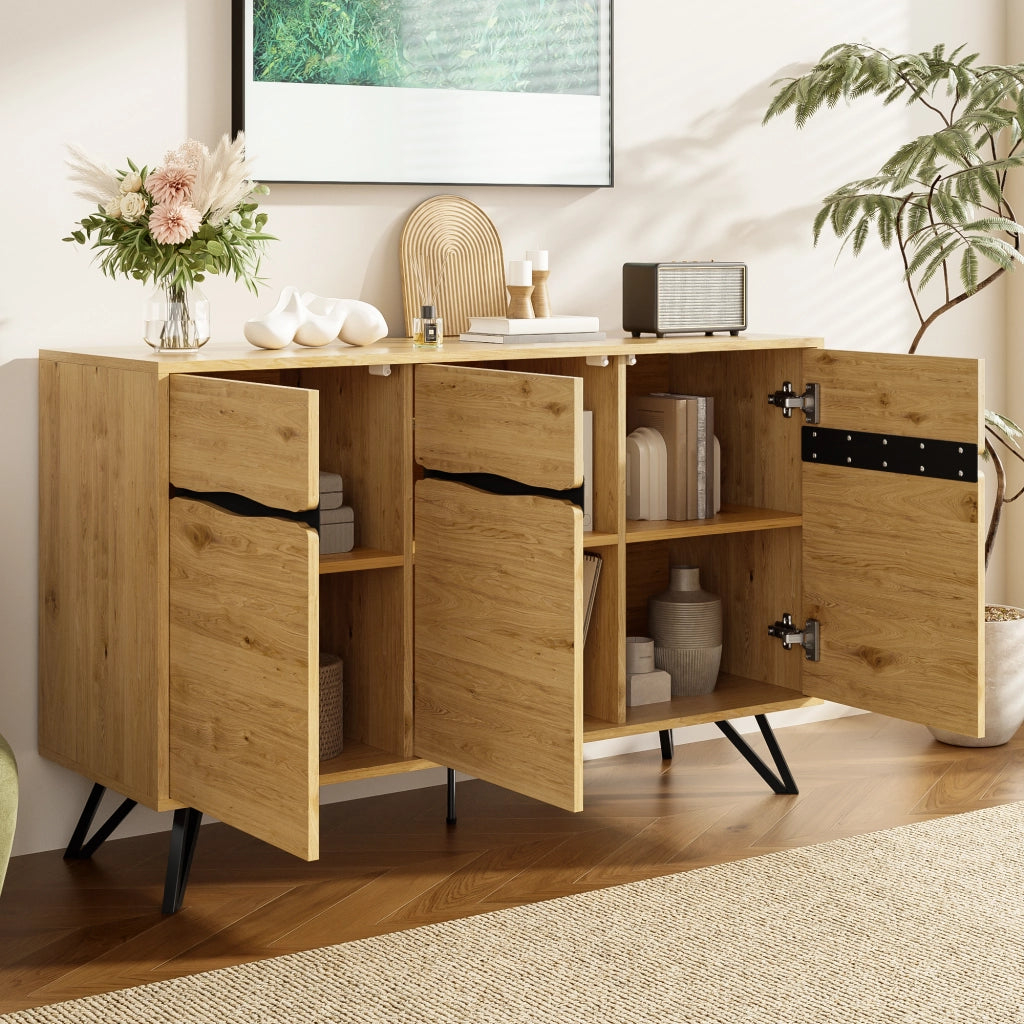 Credenza a 3 ante effetto legno con gambe in metallo nere per soggiorno e sala da pranzo 140 × 40 × 75.5 cm
