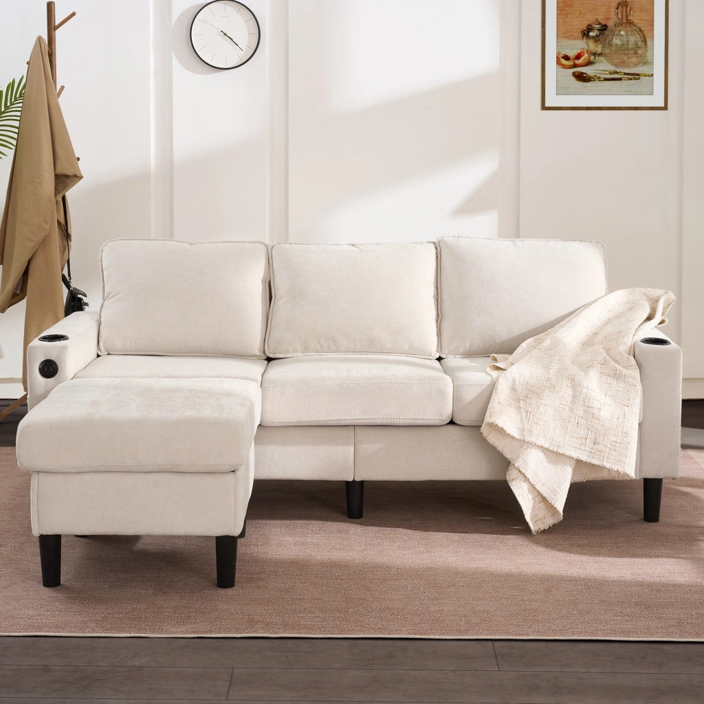 Divano 3 Posti Beige a L in Lino 202x137 cm con Prese USB; Type-C e Portabicchieri