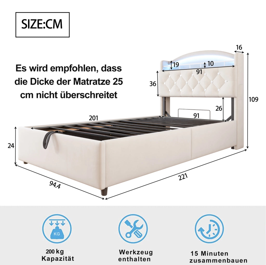 Letto imbottito per bambini 90x200 cm con contenitore, LED e porte USB in tessuto beige