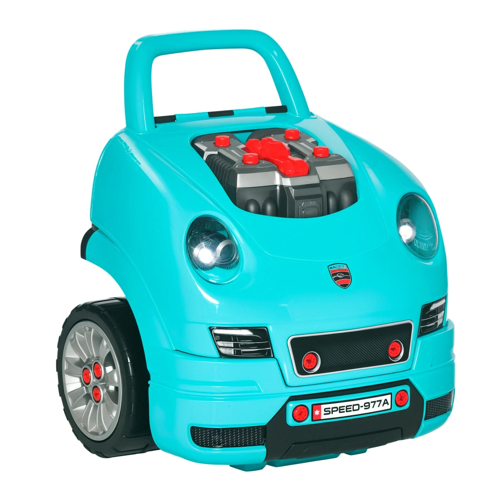 Officina Camion Giocattolo per Bambini 3-5 Anni a 61 Pezzi in ABS e PP, Banco Lavoro con Maniglia, 40x39x47 cm, Nero e Azzurro