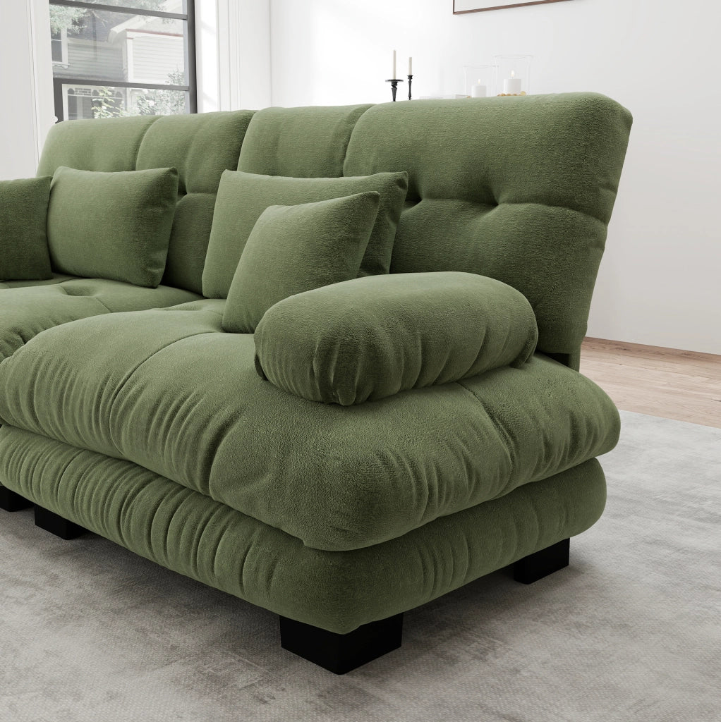 Divano modulare in ciniglia verde con pouf mobili e cuscini HOMVRA