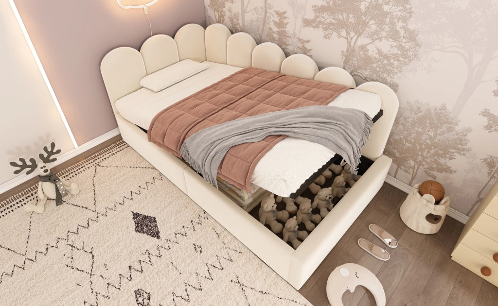 Letto Giorno Poltrona 90x190 cm in Velluto Beige con Contenitore Idraulico e Rete in Metallo per Bambini, Senza Materasso