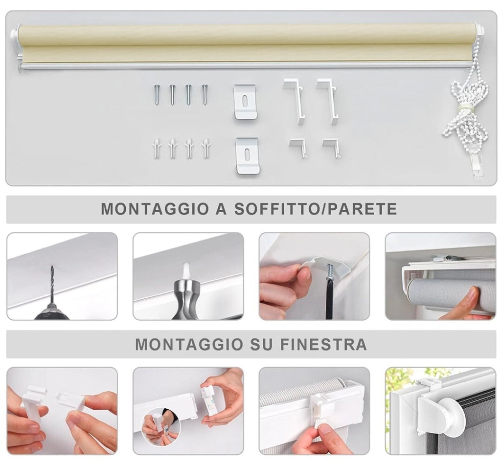 Tenda a Rullo 200x180 Cm Finestra Porta Interno Casa Ufficio Kit Montaggio Parete Telaio No Fori Grigio