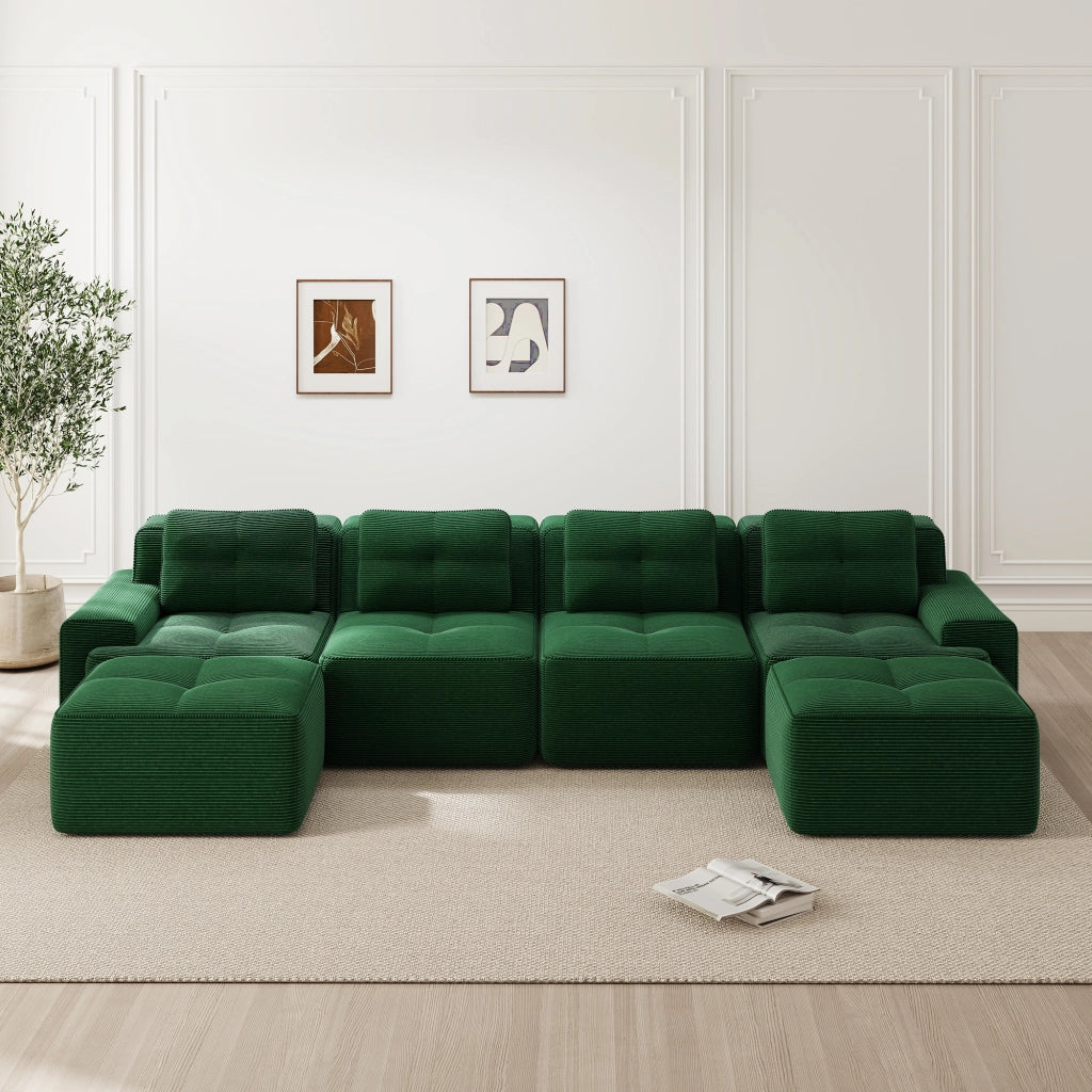 Divano Modulare Chaise Longue 4 Posti ¨C MINIMAL ¨C Velluto a Coste Verde, Morbido