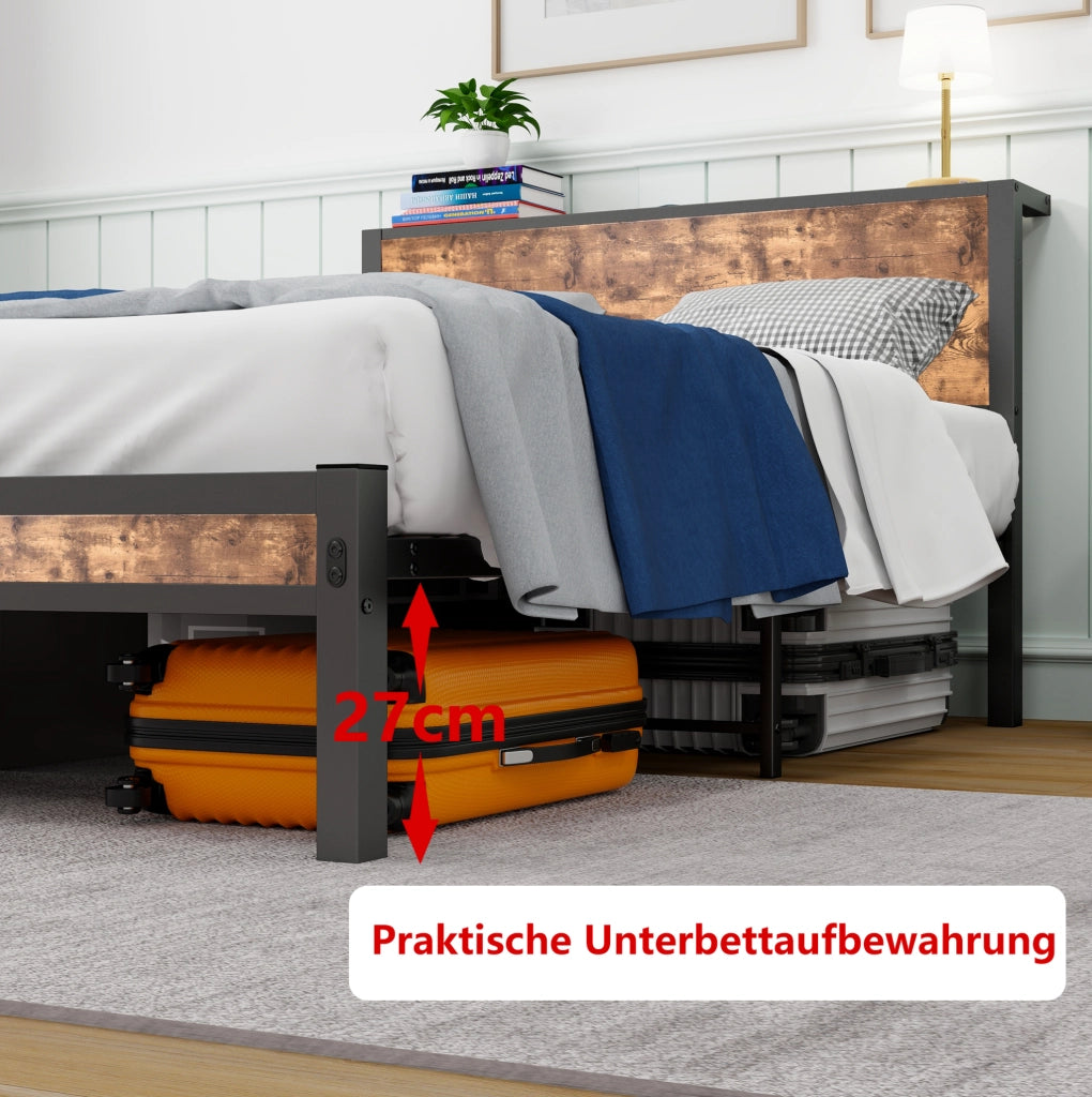 Letto singolo 120x200 cm con struttura in metallo e testiera contenitore, design vintage marrone