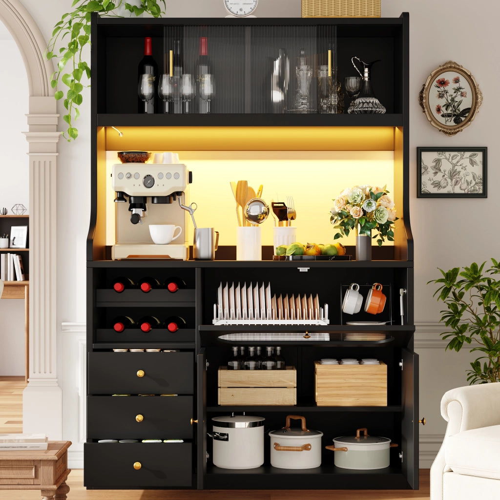 Mobile colonna da cucina con LED RGB app; vetrine scorrevoli; portabottiglie e 3 cassetti nero 120 × 40 × 180 cm