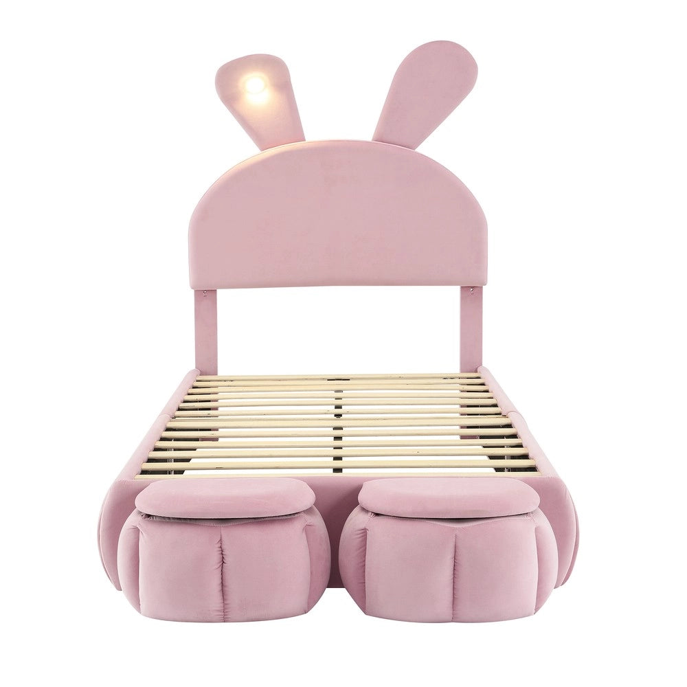 Letto Singolo Imbottito con Contenitore e LED ¨C MINIMAL ¨C Velluto Rosa 90x200