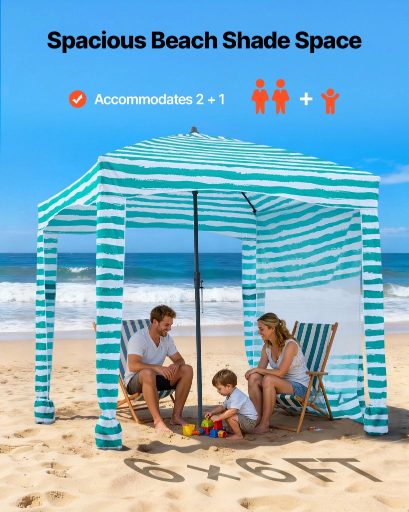 Tenda da Spiaggia Parasole SSCA-01 1830 x 1830 x 2290 mm con Parete Laterale Regolabile e Tasche per Sabbia Portatile Verde a Strisce Bianche