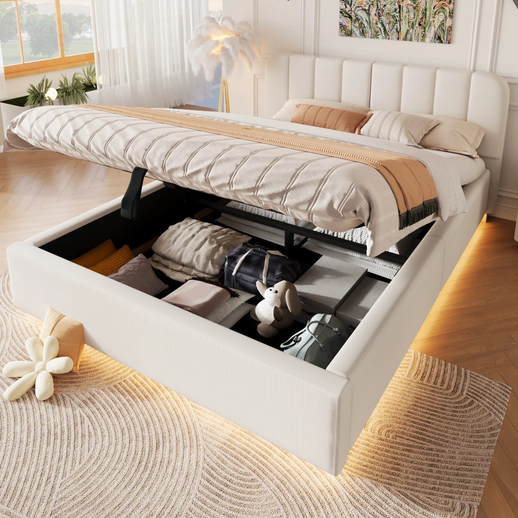 Letto contenitore imbottito in ciniglia 140 x 200 cm, letto matrimoniale con contenitore idraulico, LED, testiera trapuntata e rete a doghe, beige