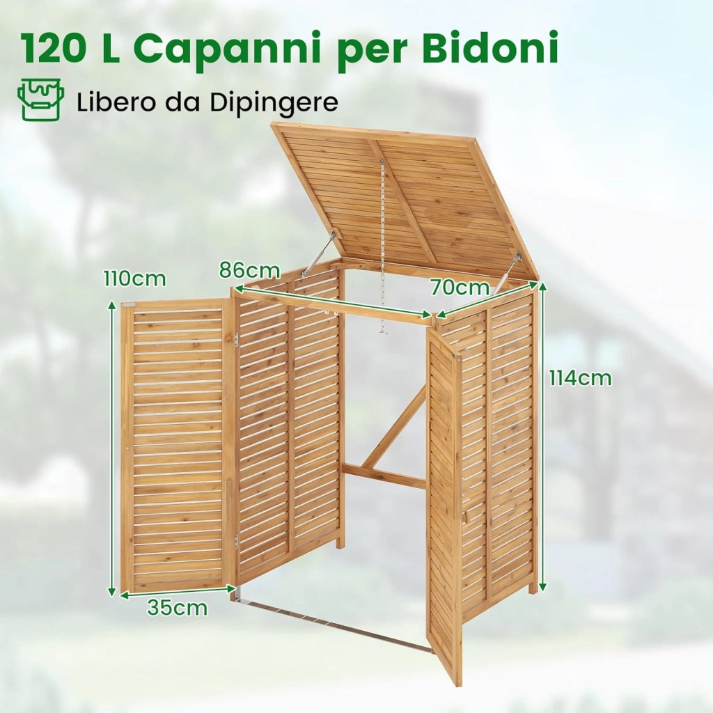 Box Portabidone dei Rifiuti in Legno 120L, Copribidone per Spazzatura con Coperchio Apribile, Doppia Porta e Serratura, Contenitore per Pattumiera da Giardino, Cortile e Terrazza
