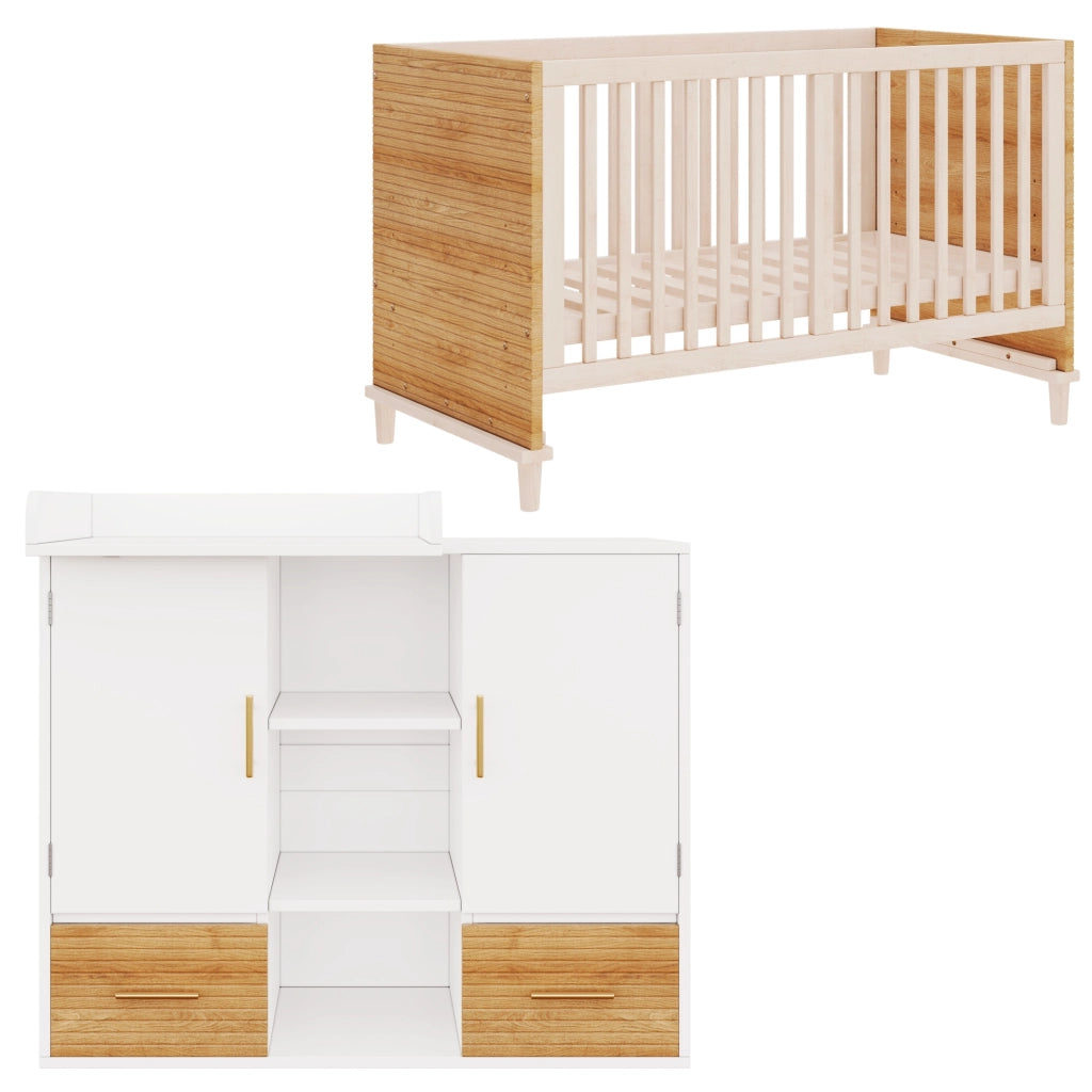 Camera completa con fasciatoio e letto con sbarre in legno massello e MDF bianco