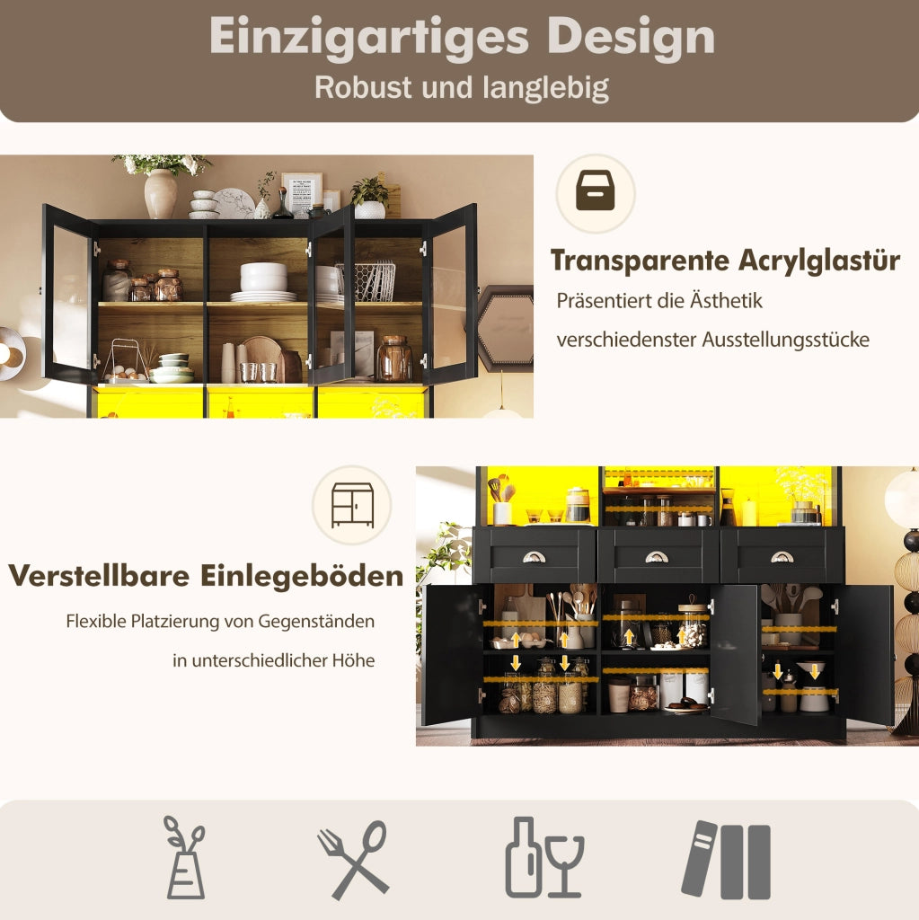 Mobile da cucina con LED, ante acriliche e cassetti nero