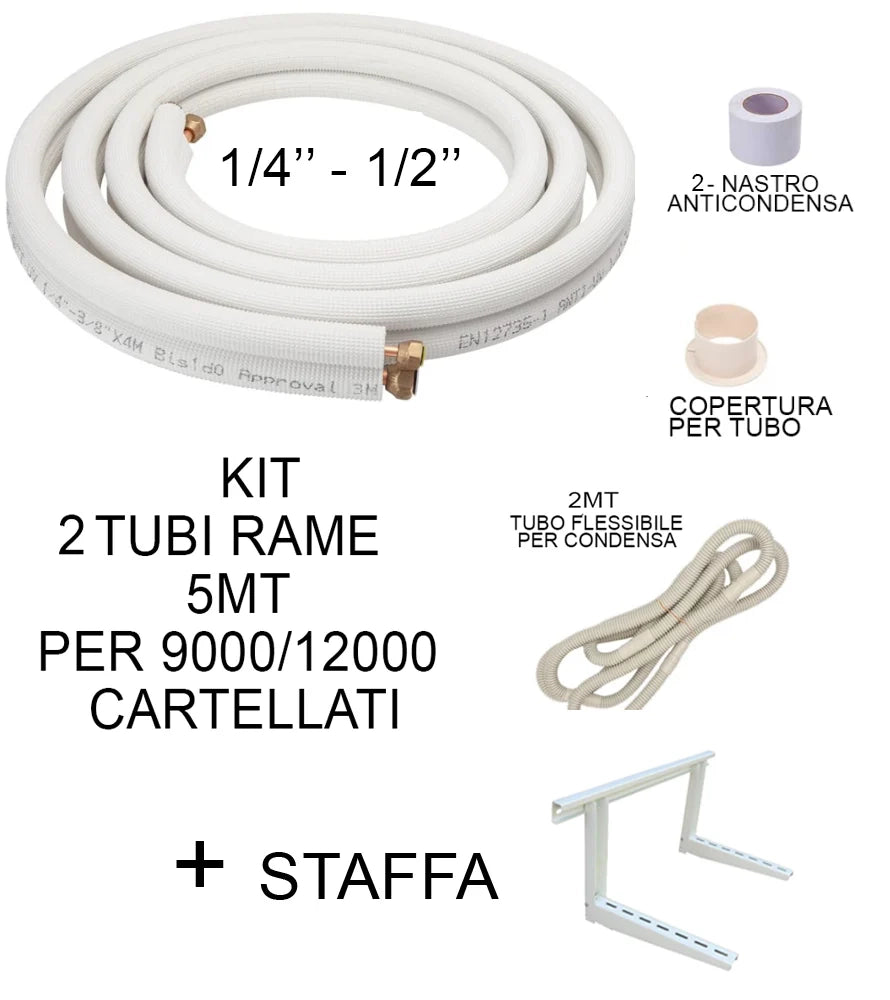 KIT tubi rame 5 Mt Cartellati + Staffa montaggio climatizzatore 9000/12000  1/4 - 1/2  raccordi tubo condensa condizionatore