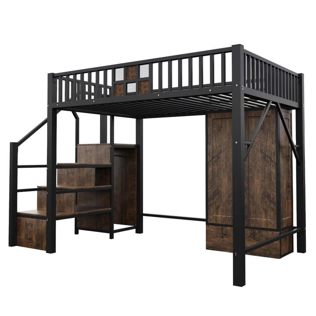 LETTO a soppalco 140 x 200 cm Nero in metallo e legno con armadio e scala